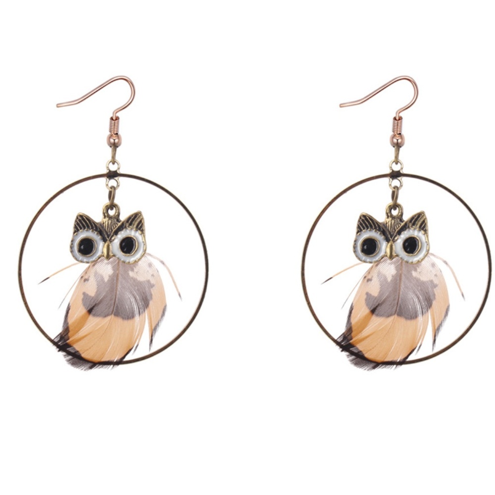 Cute Yellow Owl Boho Real Feather Earrings New